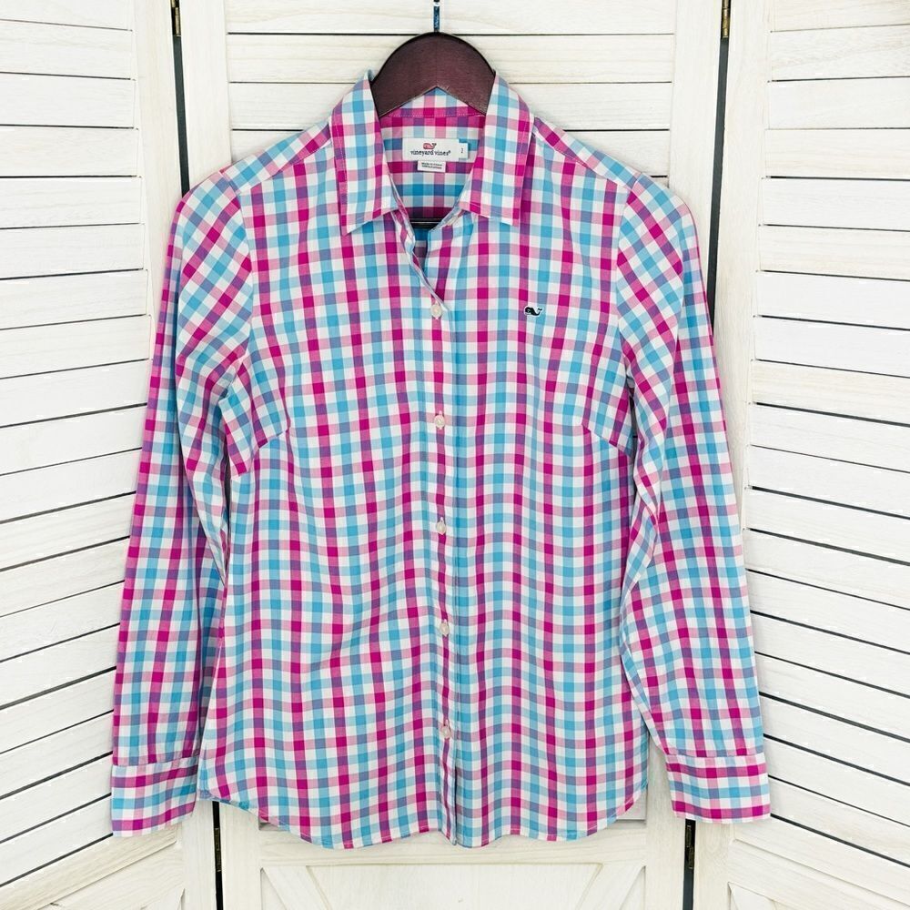 Vineyard Vines Gingham Check Button Front Shirt Pink Blue Size 2 Long Sleeve